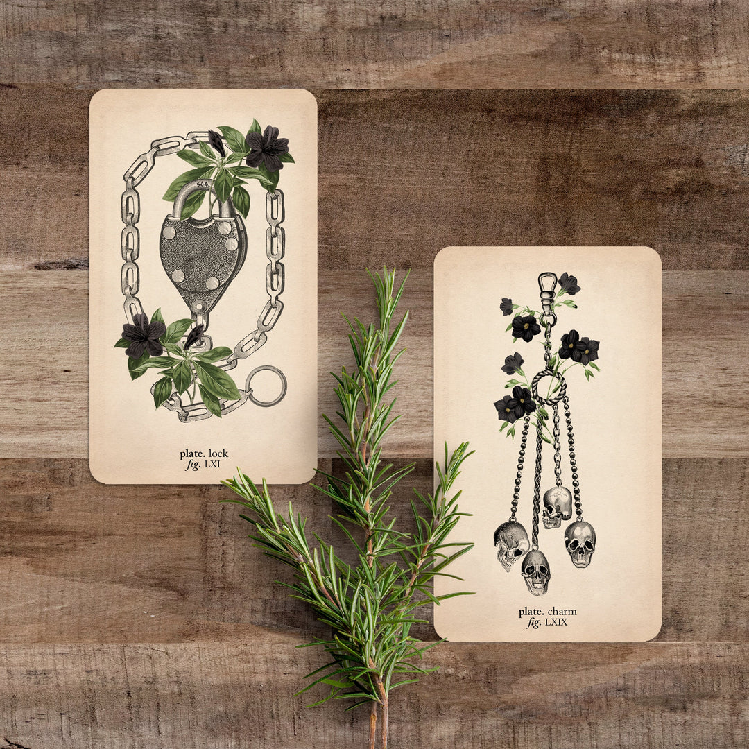 lock tarot card and charm tarot card on brown wooden background
