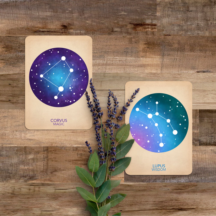 image of the corvus constellation and lupus constellation on a wooden background